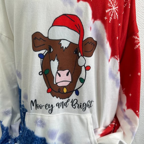 Christmas Hooded Sweatshirt Red White Blue Moo-ey and Bright Cow NWOT - Picture 3 of 7
